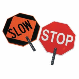 Safety Paddle, STOP/SLOW, White Letters on Red/ Black Letters on Orange, Nonreflective Plastic, 9" Polygrip Handle
