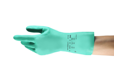 Ansell 37-175 AlphaTec Solvex Nitrile Gloves, Gauntlet Cuff, Cotton Flock Lined, Green, 17 mil