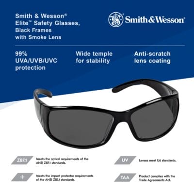 Smith & Wesson 21303 Elite Safety Glasses, Smoke Lens, Black Frame